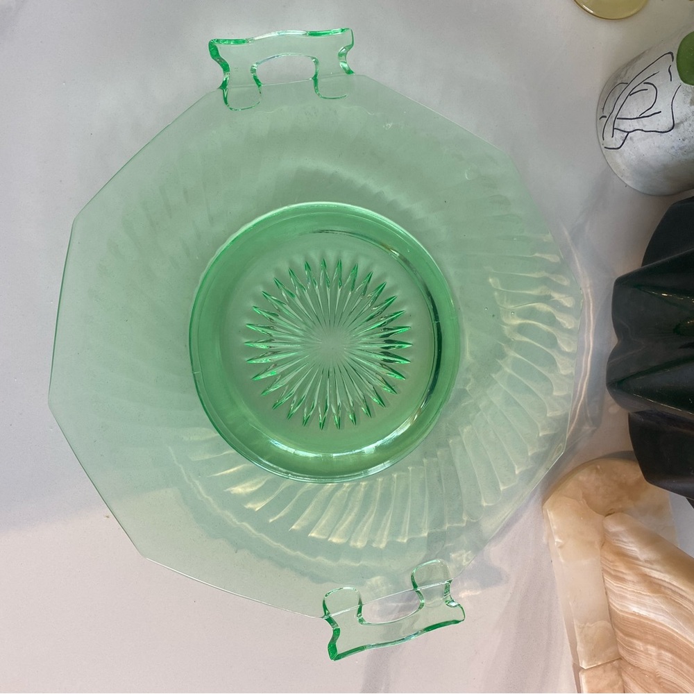 Imperial Glass Twisted Optic Green Handled Cake Plate Depression Glass